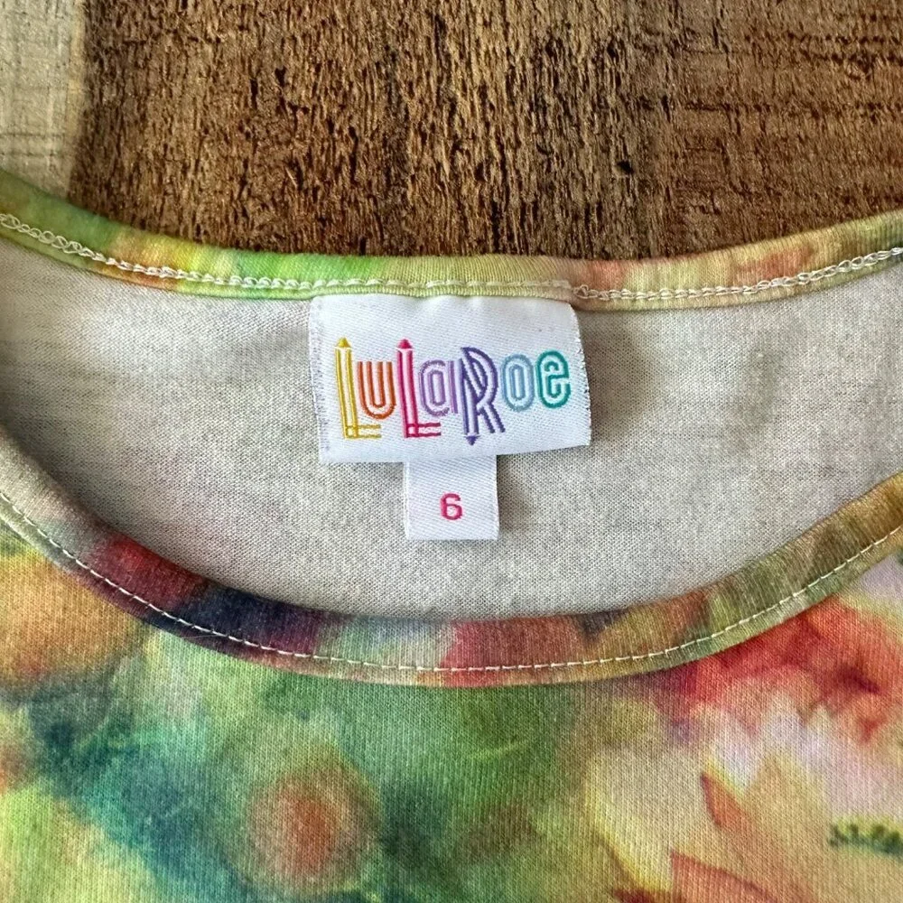 Lularoe Girls Floral Tie-Dye Dress Size 6 Elastic Waist Short Sleeve Knee Length